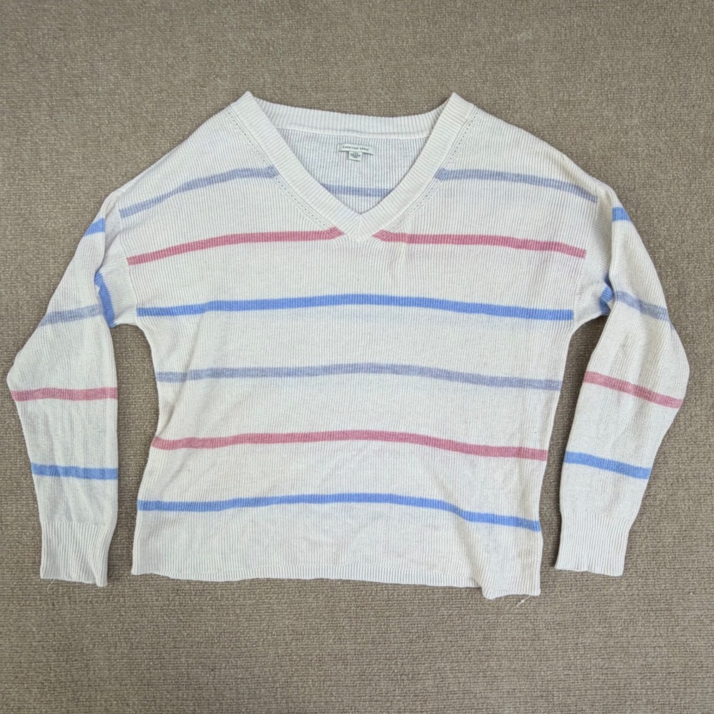 American Eagle Womens V-Neck Striped Ribbed Knit Sweater Cream Pastel Large